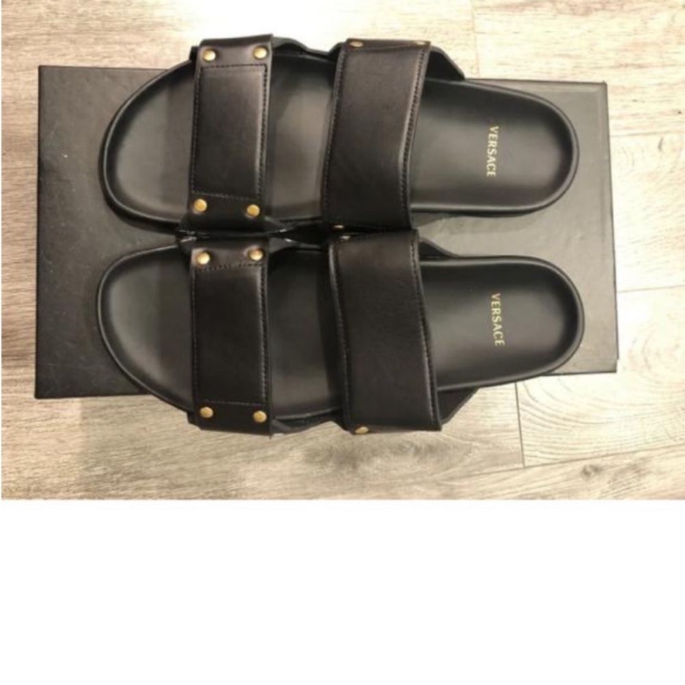 NIB $1100 Authentic Versace Black Leather Sandals sz 44